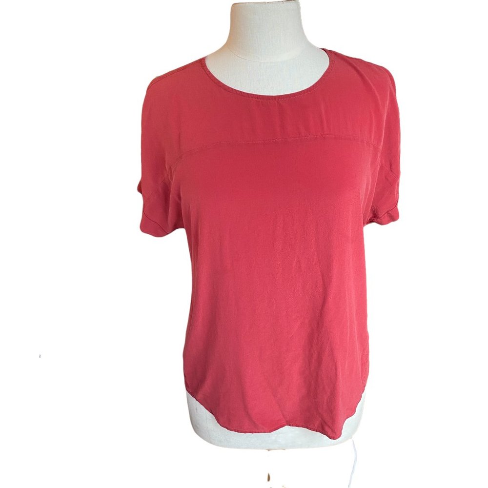 Madewell 100% Silk Short Sleeve Blouse Coral Pink Minimalist Quiet Luxury-XS